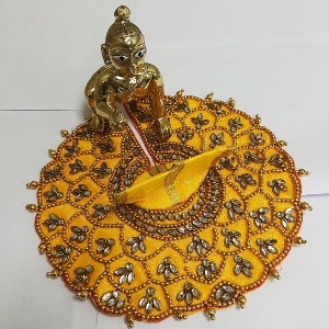Laddu Gopal Dark Yellow Zari Kundan Poshak